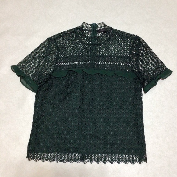 Zara Green Guipure Lace Short Sleeve Shirt, Size Small - Picture 1 of 8